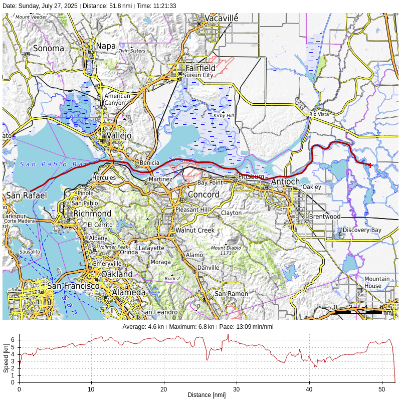 A map shows a path from up a river, north of Discovery Bay, to a beach north of San Rafael.