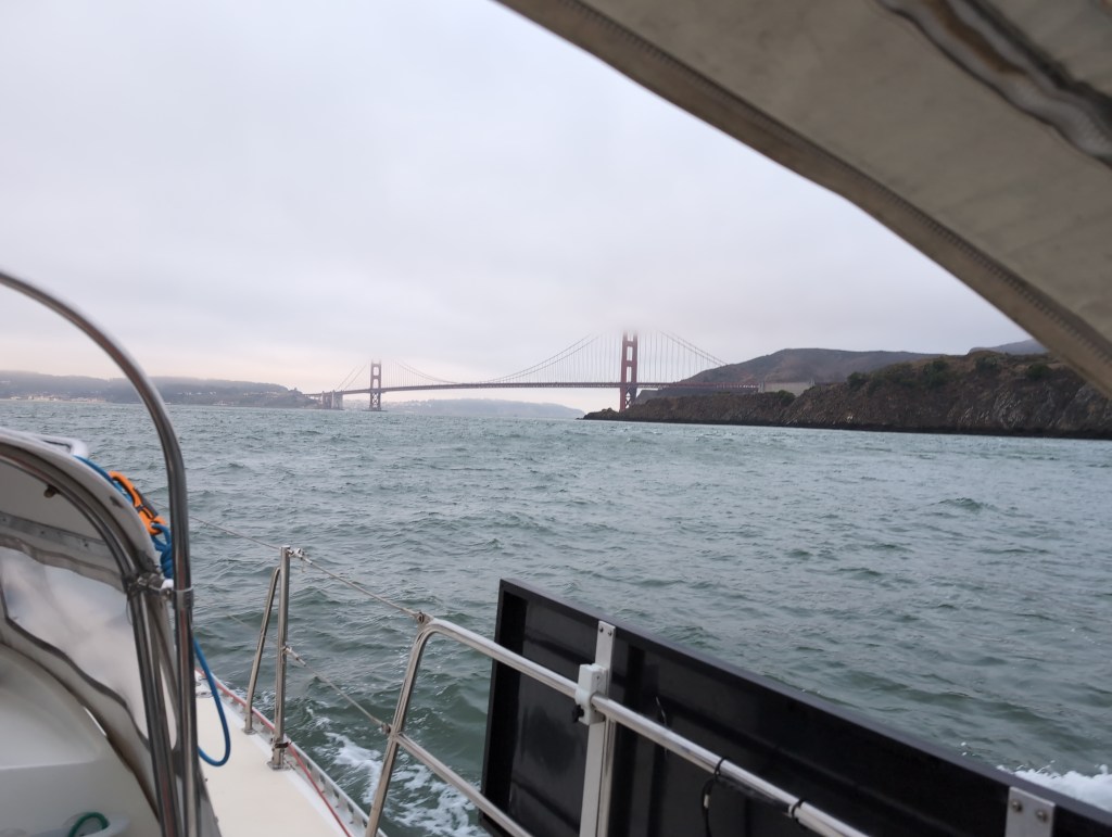 Luna Moth heads toward the iconic Golden Gate Bridge, who's top is shrouded in fog.