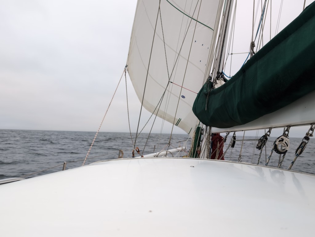 The view over a sailboat's dodger shows a single headsail, slightly flapping under an overcast sky. 