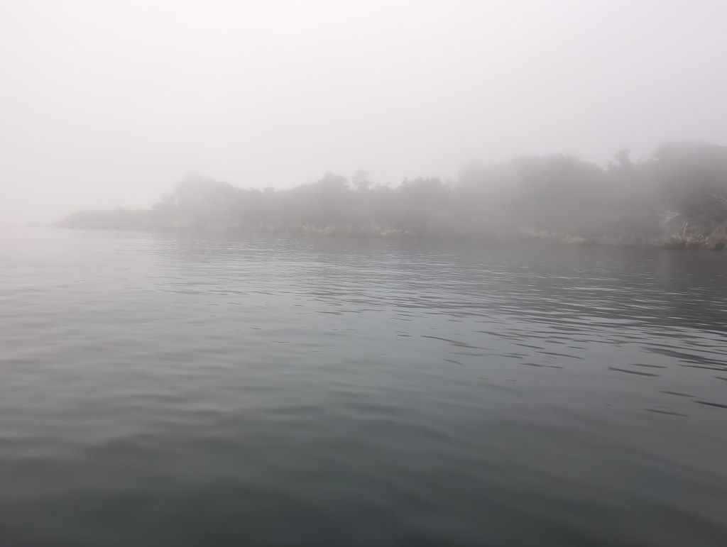 Misty shore scene with calm water in the foreground. Trees and land are visible in the background, but they are mostly obscured by thick fog, creating a quiet and mysterious atmosphere. The sky and water both appear muted and grey due to the dense mist.