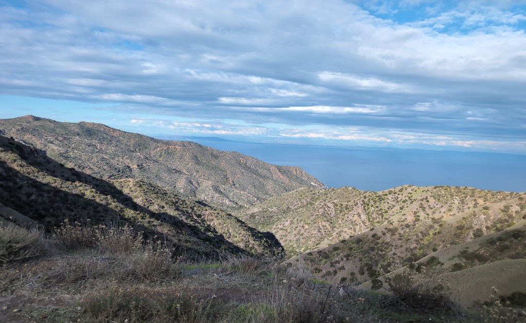 The view from a low mountain, looking out across a valley as it snakes toward the sea.