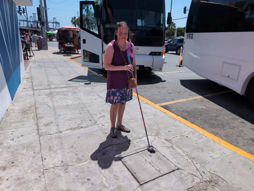 Tiffany has an unhappy look as her pink cane goes into a small hole in the sidewalk. 