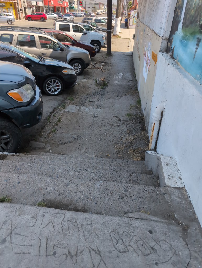 Steep rustic steps lead the way down to a broken up path reminiscent of a hiking trail.
